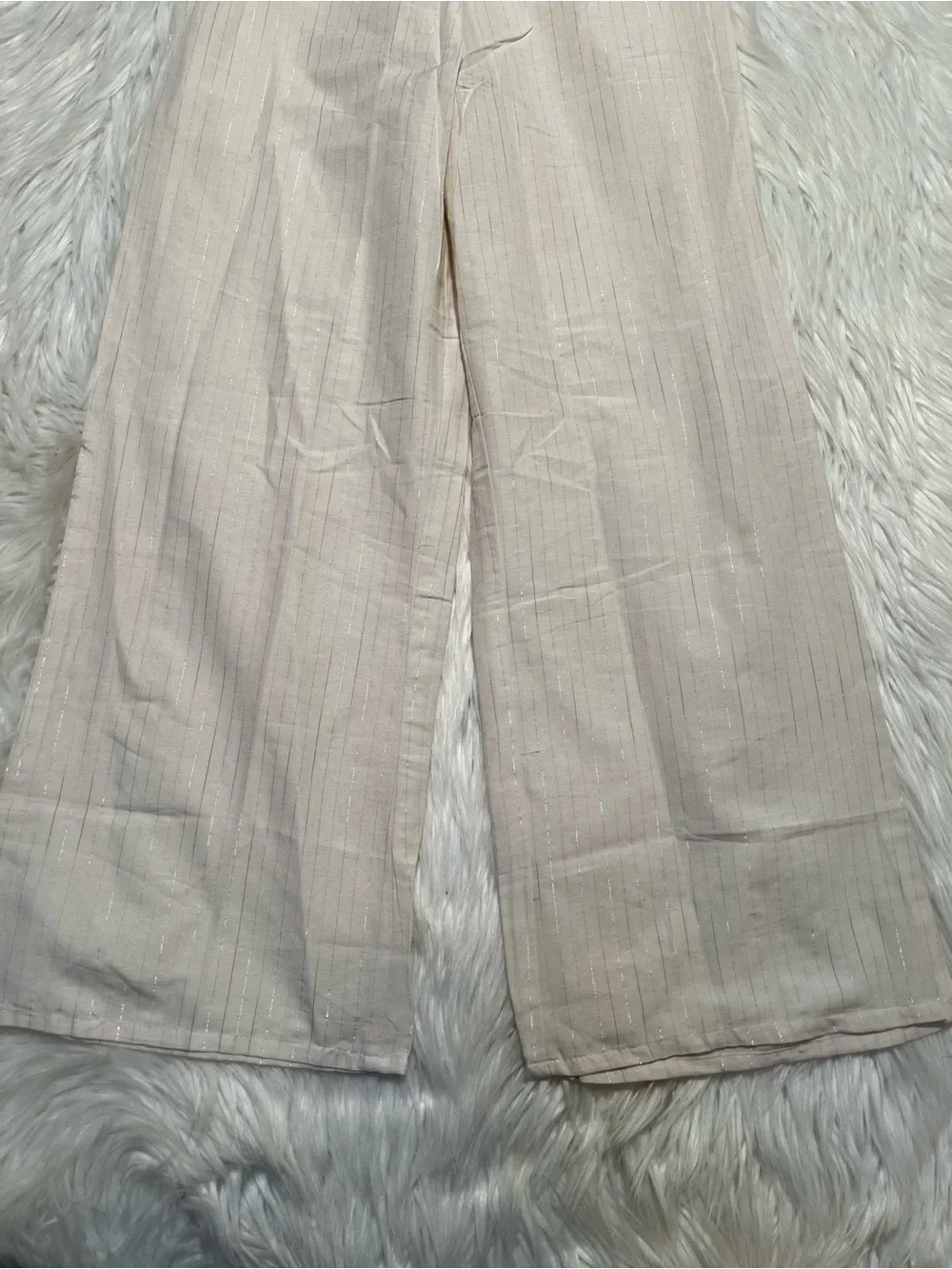 Women's Size 34 Pull On Pant Cream Metallic Silver Pinstripe Linen Semi-Sheer